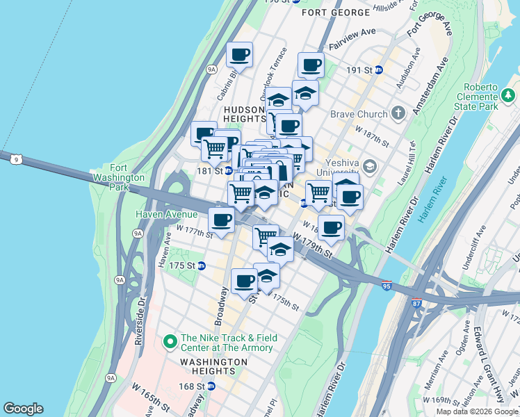 map of restaurants, bars, coffee shops, grocery stores, and more near in New York