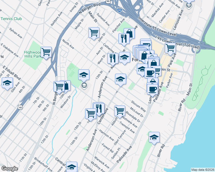 map of restaurants, bars, coffee shops, grocery stores, and more near 359 Slocum Way in Fort Lee