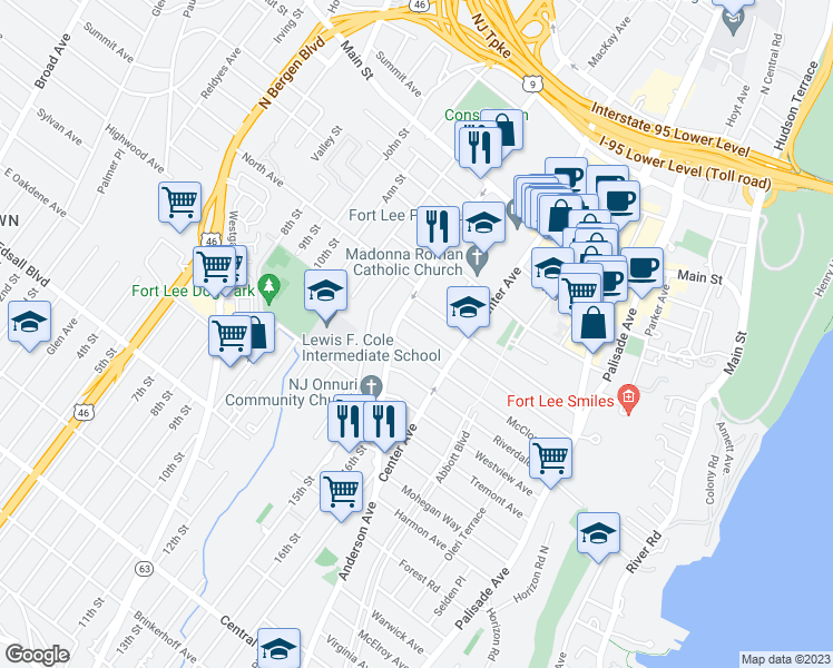 map of restaurants, bars, coffee shops, grocery stores, and more near 359 Slocum Way in Fort Lee