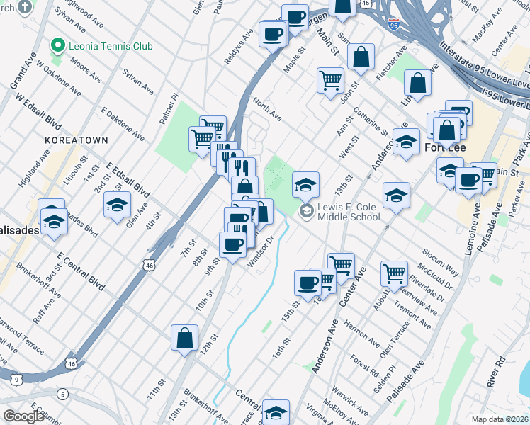 map of restaurants, bars, coffee shops, grocery stores, and more near 1548-500 Stillwell Avenue in Fort Lee