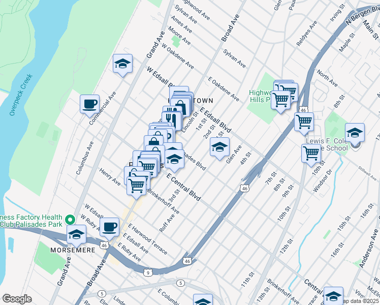map of restaurants, bars, coffee shops, grocery stores, and more near 408 1st Street in Palisades Park