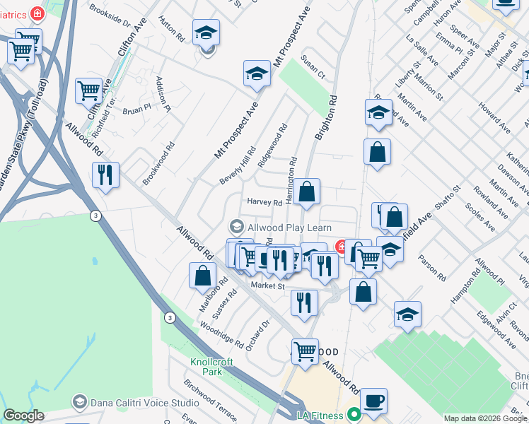 map of restaurants, bars, coffee shops, grocery stores, and more near 38 Harvey Road in Clifton
