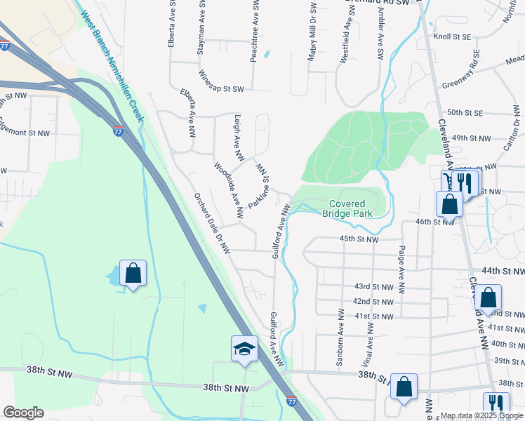 map of restaurants, bars, coffee shops, grocery stores, and more near 3037 Parklane Street Northwest in Canton
