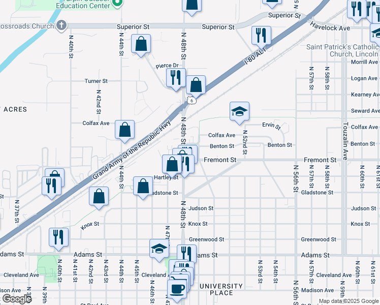 map of restaurants, bars, coffee shops, grocery stores, and more near 3635 North 49th Street in Lincoln