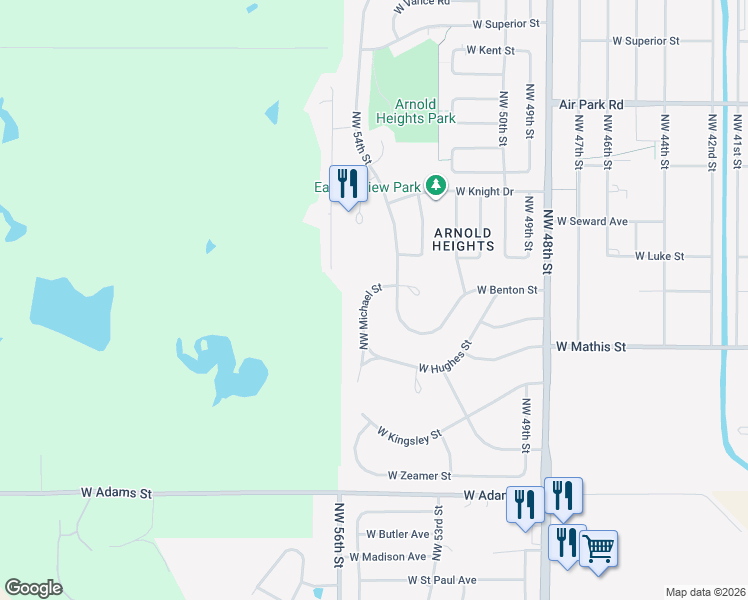 map of restaurants, bars, coffee shops, grocery stores, and more near 3601 Northwest Michael Street in Lincoln