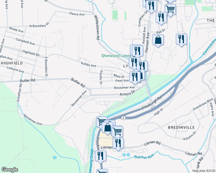 map of restaurants, bars, coffee shops, grocery stores, and more near 302 Penn Avenue in Lyndora
