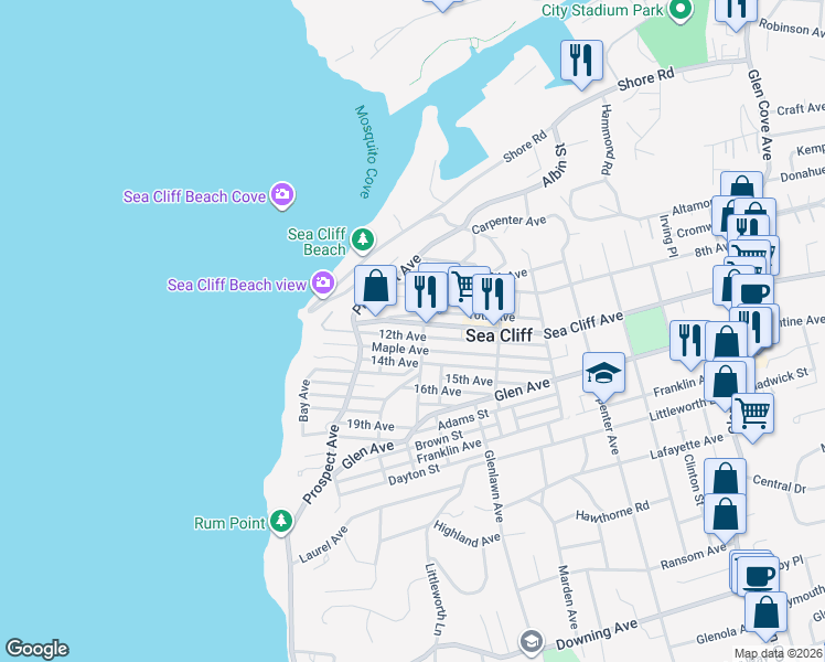 map of restaurants, bars, coffee shops, grocery stores, and more near 324 Sea Cliff Avenue in Sea Cliff