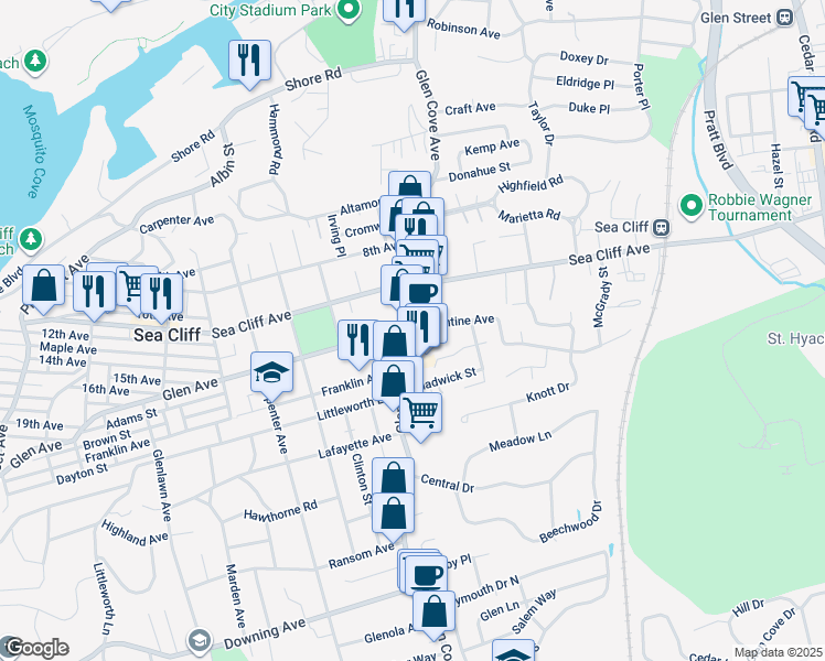 map of restaurants, bars, coffee shops, grocery stores, and more near 2 Valentine Avenue in Glen Cove