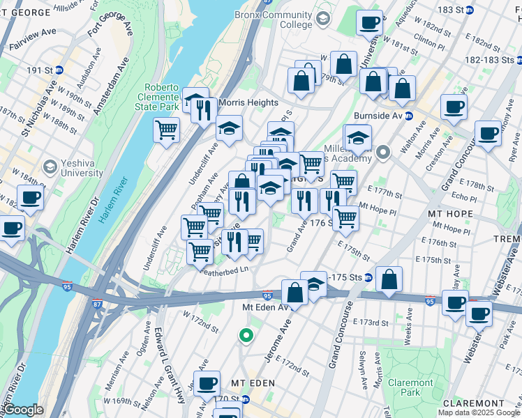map of restaurants, bars, coffee shops, grocery stores, and more near 1750 University Avenue in The Bronx