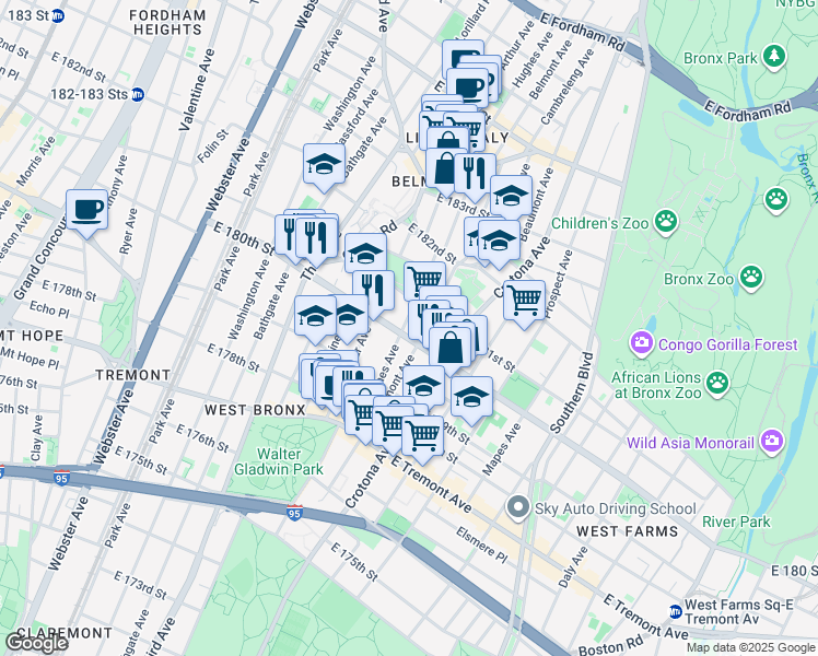 map of restaurants, bars, coffee shops, grocery stores, and more near 2115 Belmont Avenue in Bronx