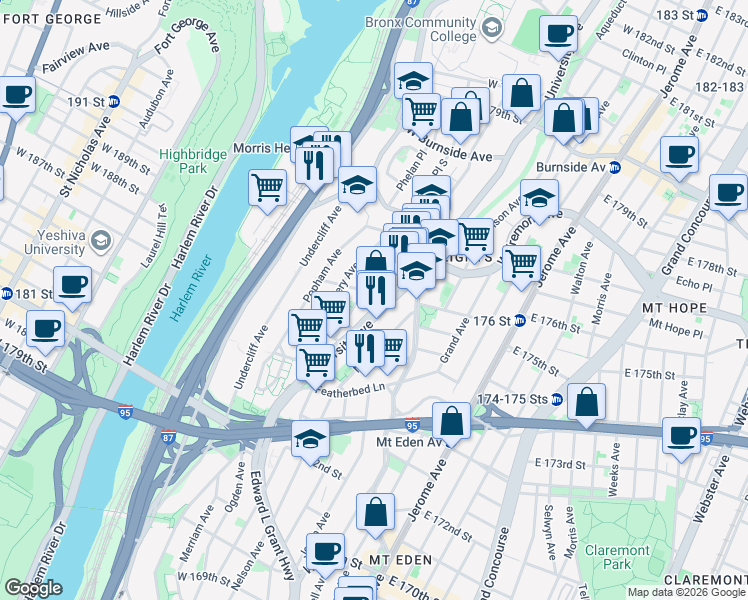 map of restaurants, bars, coffee shops, grocery stores, and more near 121 West 176th Street in The Bronx