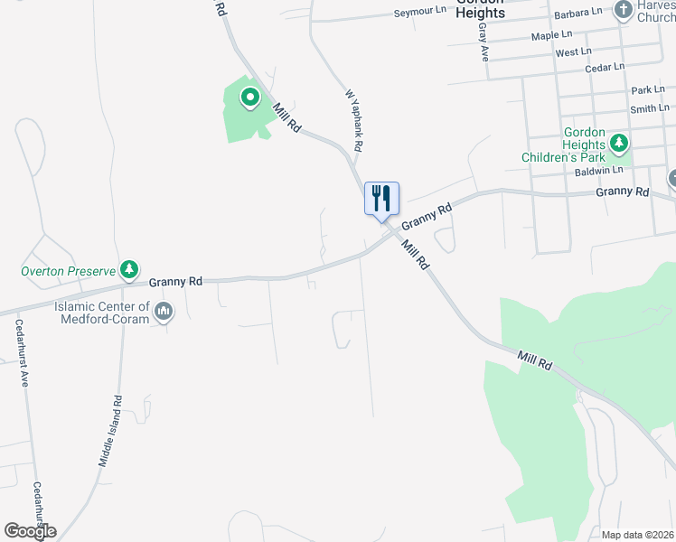 map of restaurants, bars, coffee shops, grocery stores, and more near 48 Mill Road in Yaphank