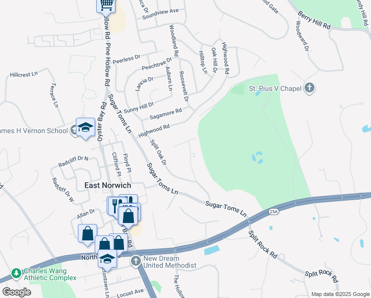 map of restaurants, bars, coffee shops, grocery stores, and more near 23 Ridge Rock Lane in East Norwich