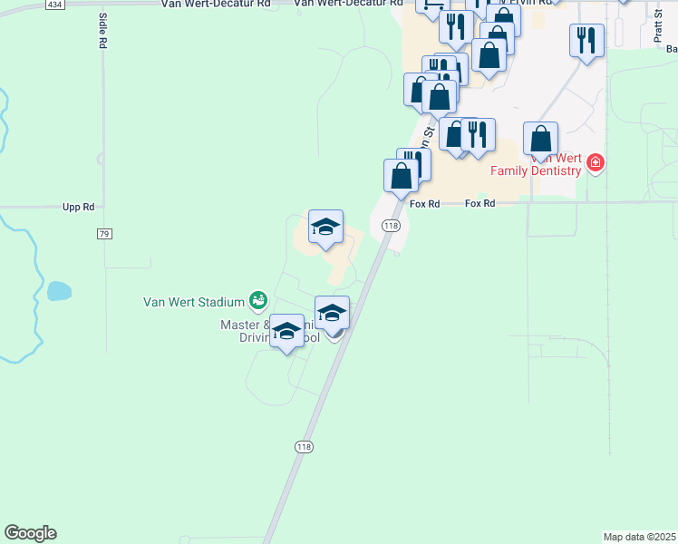 map of restaurants, bars, coffee shops, grocery stores, and more near 10708 Ohio 118 in Van Wert