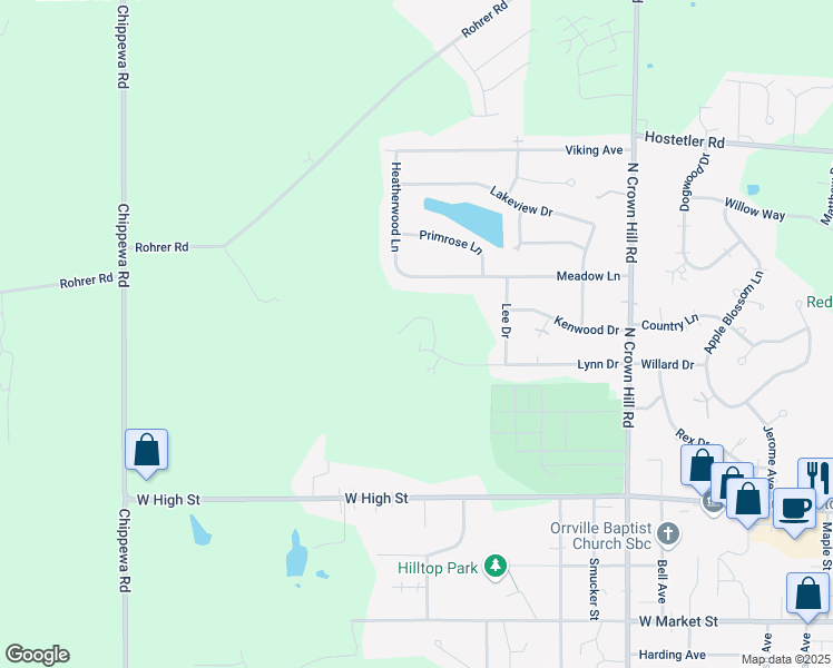 map of restaurants, bars, coffee shops, grocery stores, and more near 1980 Lynn Drive in Orrville