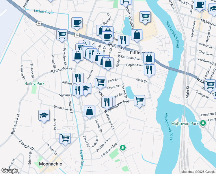 map of restaurants, bars, coffee shops, grocery stores, and more near 29 Park Street in Little Ferry