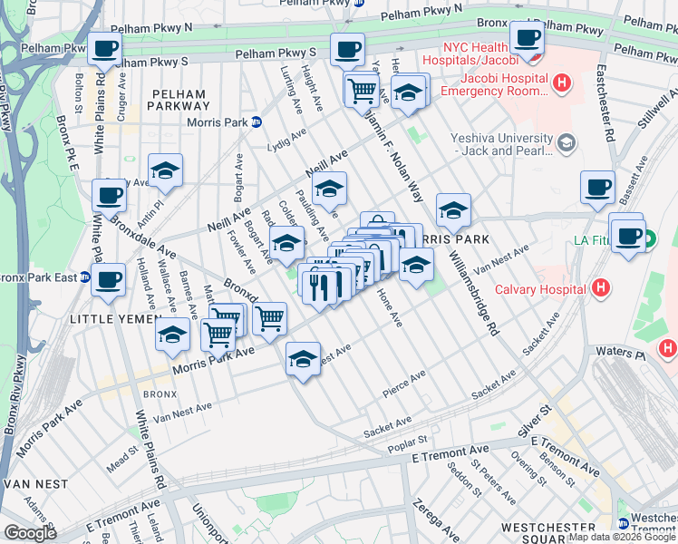 map of restaurants, bars, coffee shops, grocery stores, and more near 1850 Colden Avenue in Bronx