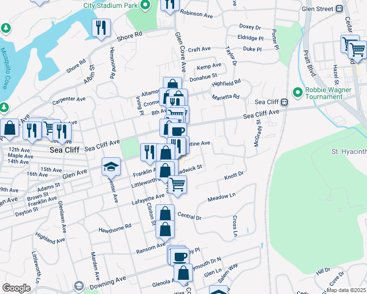 map of restaurants, bars, coffee shops, grocery stores, and more near 200 Glen Cove Avenue in Sea Cliff