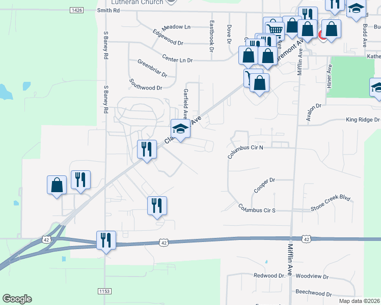 map of restaurants, bars, coffee shops, grocery stores, and more near 1945 Claremont Avenue in Ashland