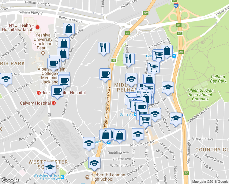 map of restaurants, bars, coffee shops, grocery stores, and more near 1811 Mulford Avenue in Bronx