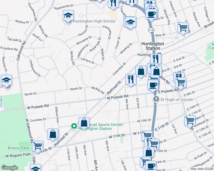 map of restaurants, bars, coffee shops, grocery stores, and more near 134 Columbia Street in Huntington Station