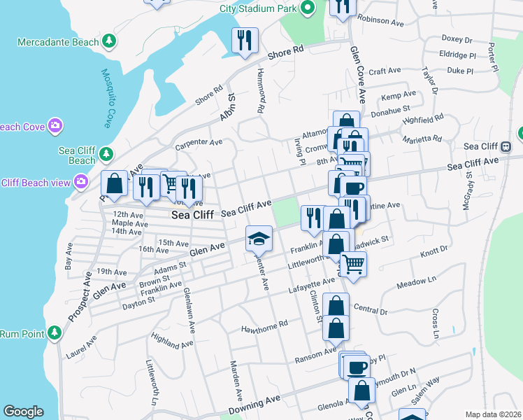 map of restaurants, bars, coffee shops, grocery stores, and more near 124 Sea Cliff Avenue in Sea Cliff