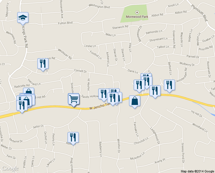 map of restaurants, bars, coffee shops, grocery stores, and more near 52 Sandy Hollow Drive in Smithtown