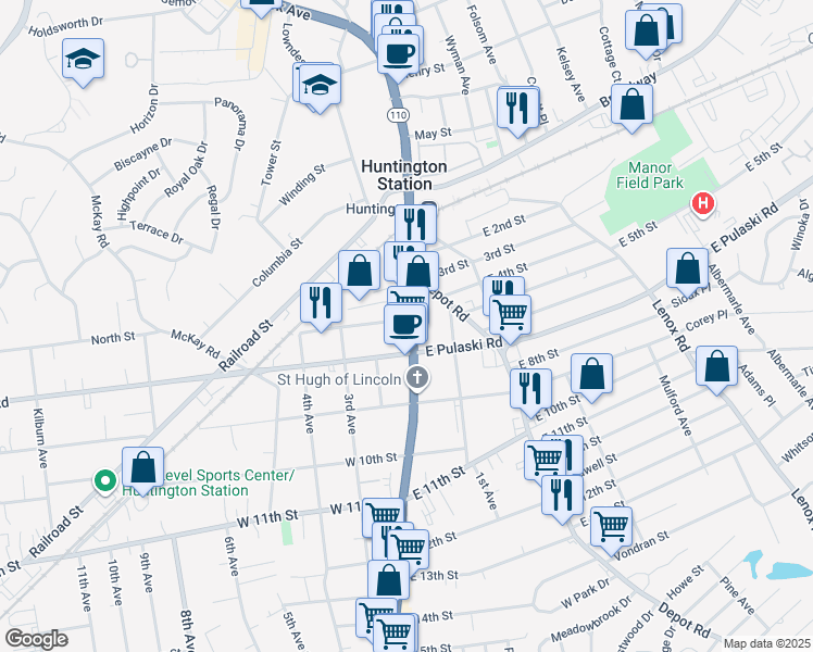 map of restaurants, bars, coffee shops, grocery stores, and more near 1342 New York 110 in Huntington Station