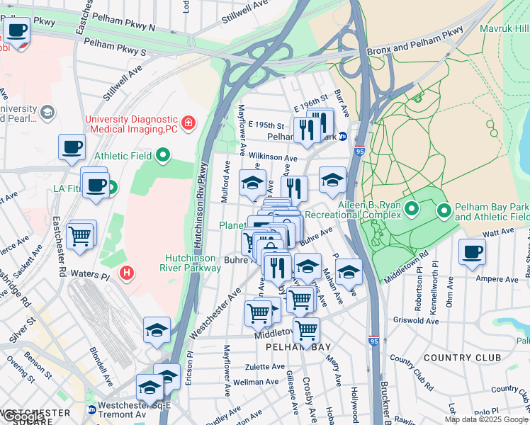 map of restaurants, bars, coffee shops, grocery stores, and more near 1900 Pilgrim Avenue in Bronx