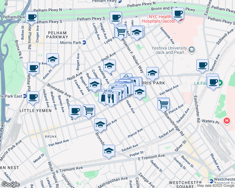 map of restaurants, bars, coffee shops, grocery stores, and more near 1825 Hone Avenue in Bronx