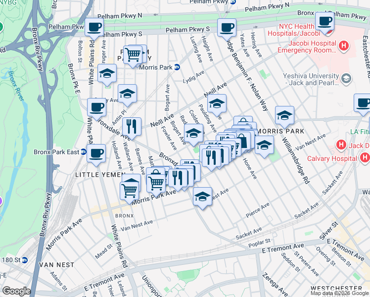 map of restaurants, bars, coffee shops, grocery stores, and more near 933 Rhinelander Avenue in Bronx