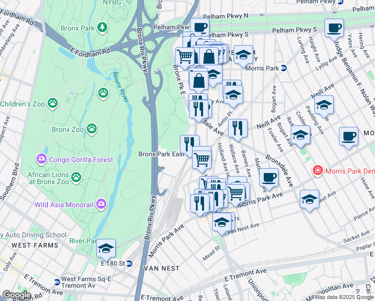 map of restaurants, bars, coffee shops, grocery stores, and more near 1944 Unionport Road in Bronx