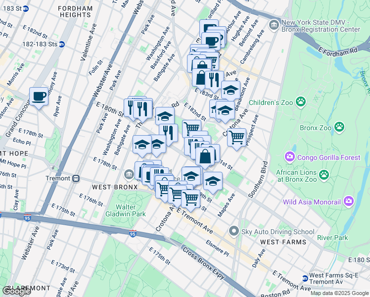 map of restaurants, bars, coffee shops, grocery stores, and more near 2115 Belmont Avenue in Bronx