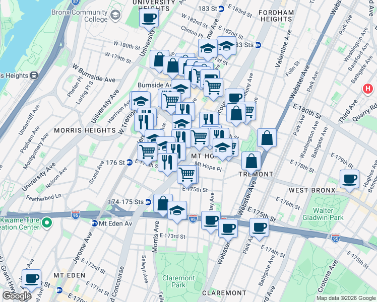 map of restaurants, bars, coffee shops, grocery stores, and more near 1901 Grand Concourse in The Bronx