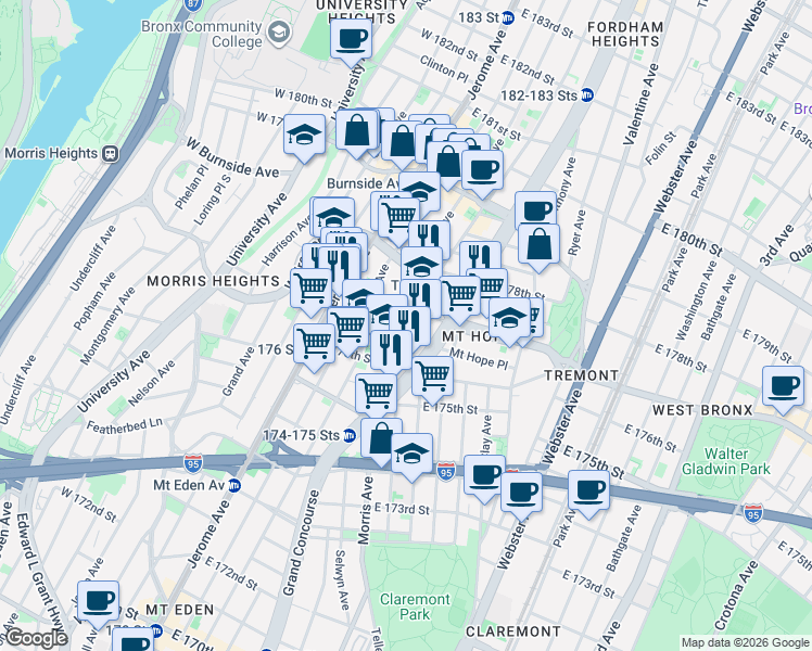 map of restaurants, bars, coffee shops, grocery stores, and more near 1892 Morris Avenue in Bronx
