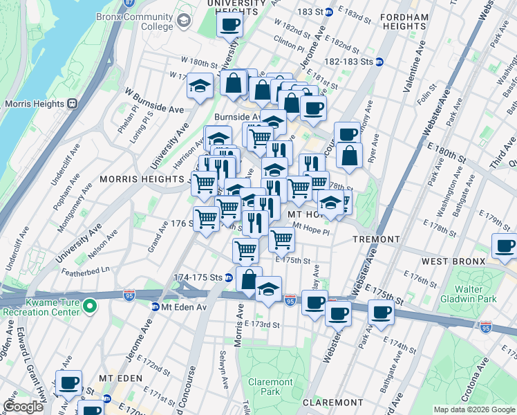 map of restaurants, bars, coffee shops, grocery stores, and more near 1892 Morris Avenue in Bronx