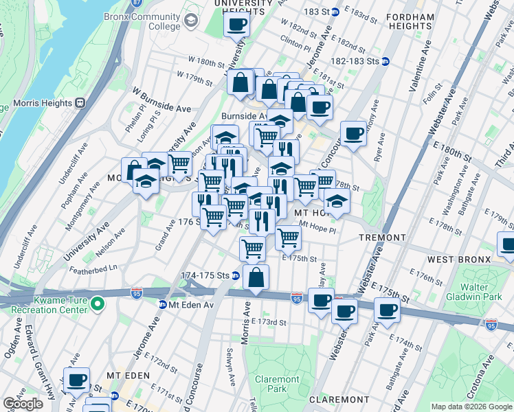 map of restaurants, bars, coffee shops, grocery stores, and more near 1895 Walton Avenue in Bronx