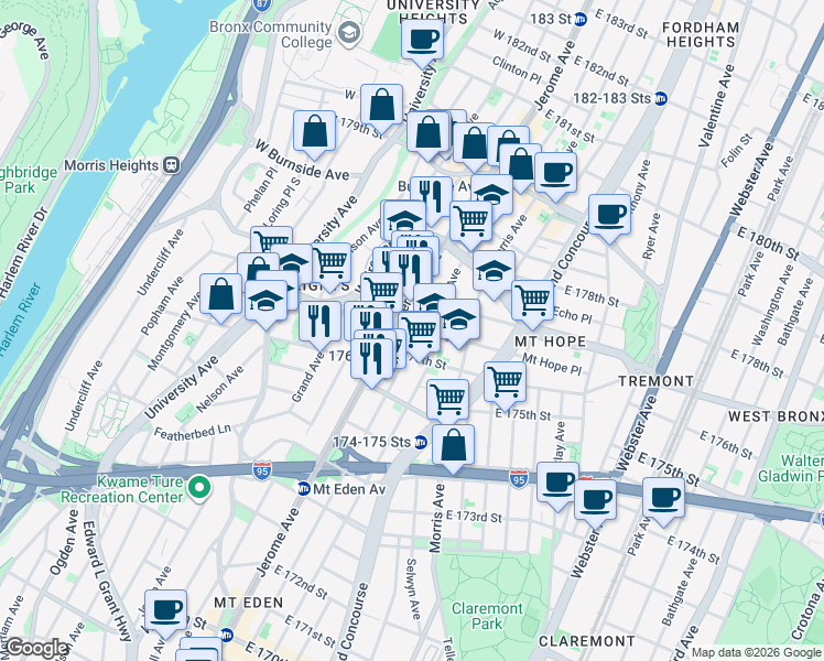 map of restaurants, bars, coffee shops, grocery stores, and more near 1876 Jerome Avenue in The Bronx