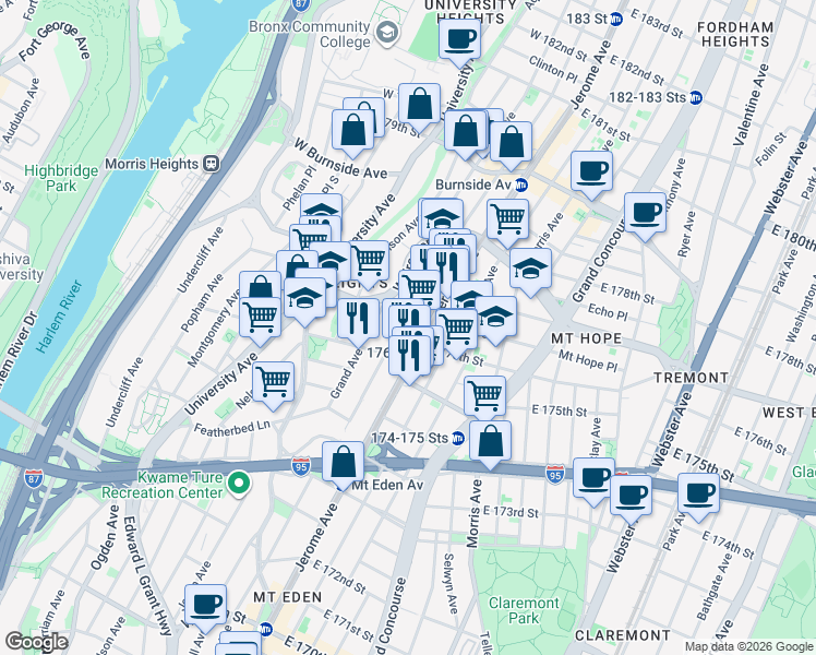 map of restaurants, bars, coffee shops, grocery stores, and more near 1801 Davidson Avenue in The Bronx
