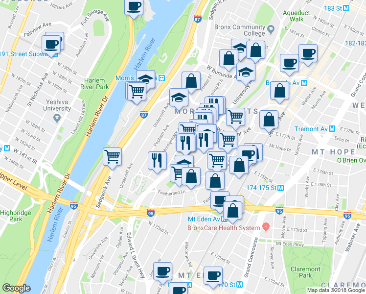 map of restaurants, bars, coffee shops, grocery stores, and more near 121 West 176th Street in The Bronx