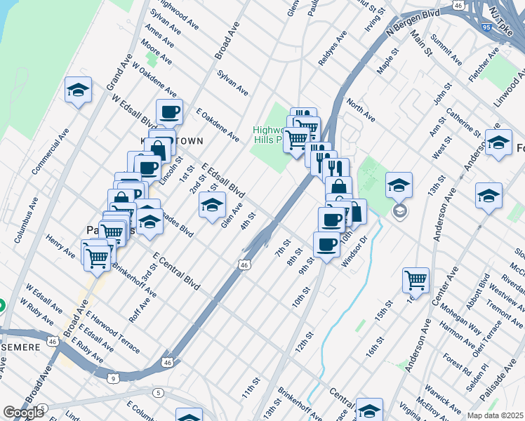 map of restaurants, bars, coffee shops, grocery stores, and more near 500 4th Street in Palisades Park