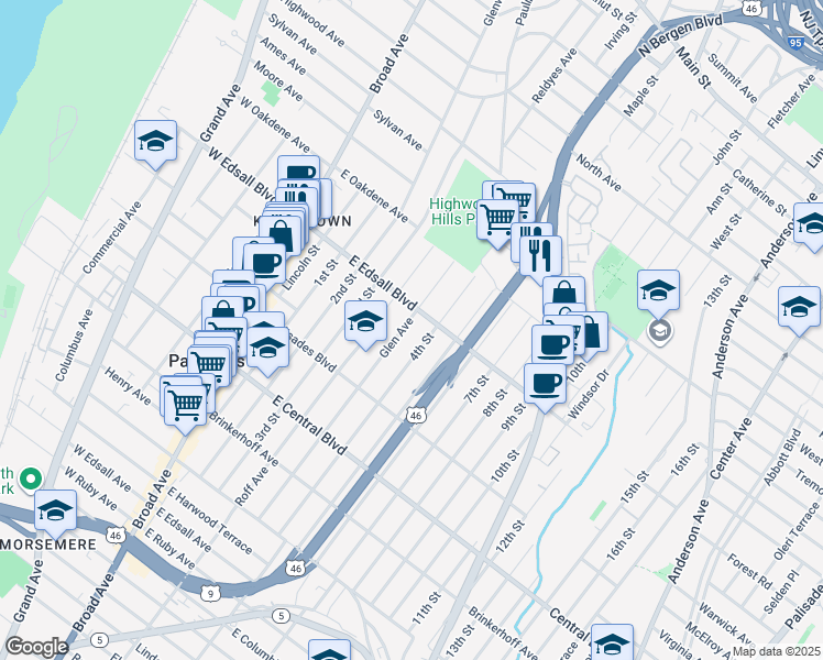 map of restaurants, bars, coffee shops, grocery stores, and more near 467 Glen Avenue in Palisades Park