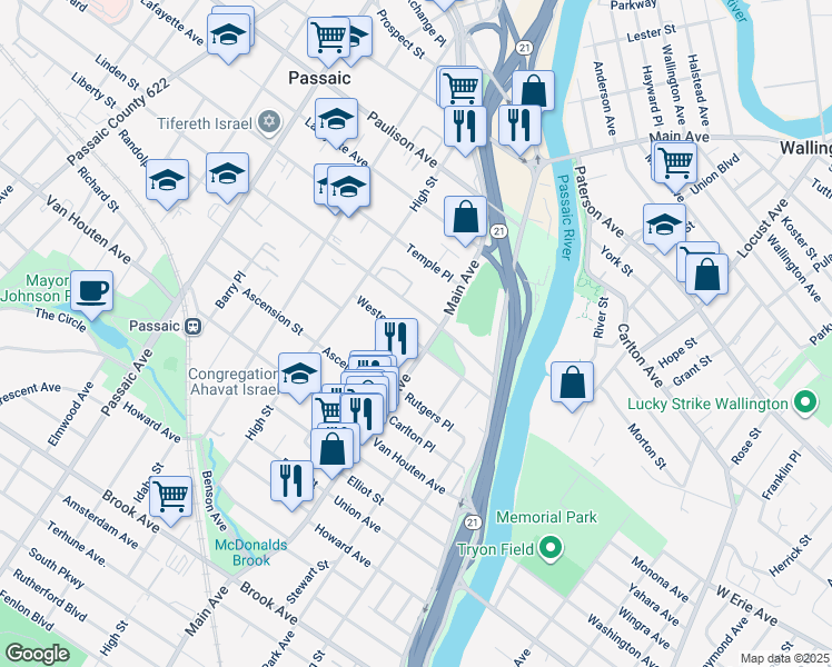 map of restaurants, bars, coffee shops, grocery stores, and more near 86 Westervelt Place in Passaic
