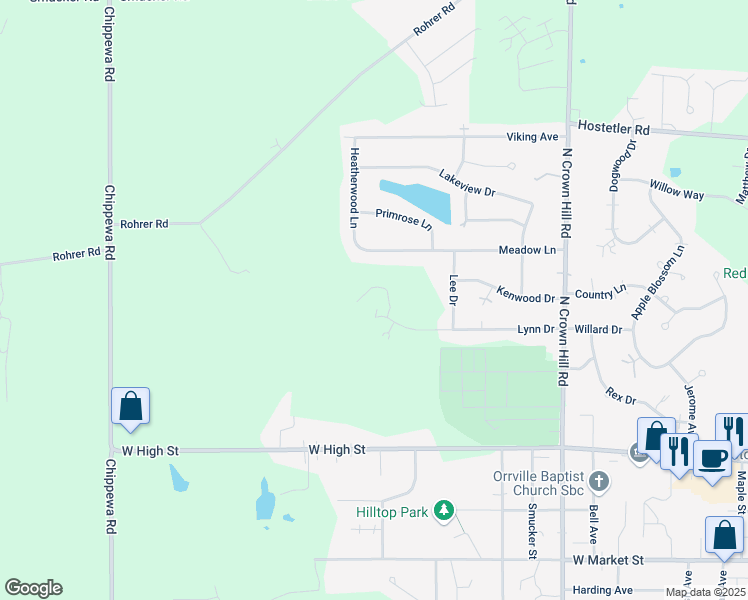 map of restaurants, bars, coffee shops, grocery stores, and more near 1980 Lynn Drive in Orrville