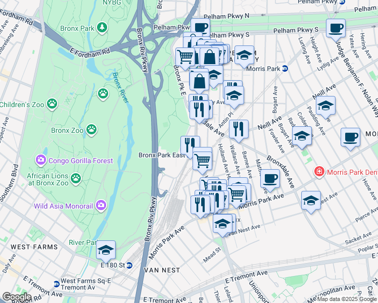 map of restaurants, bars, coffee shops, grocery stores, and more near 1944 Unionport Road in Bronx