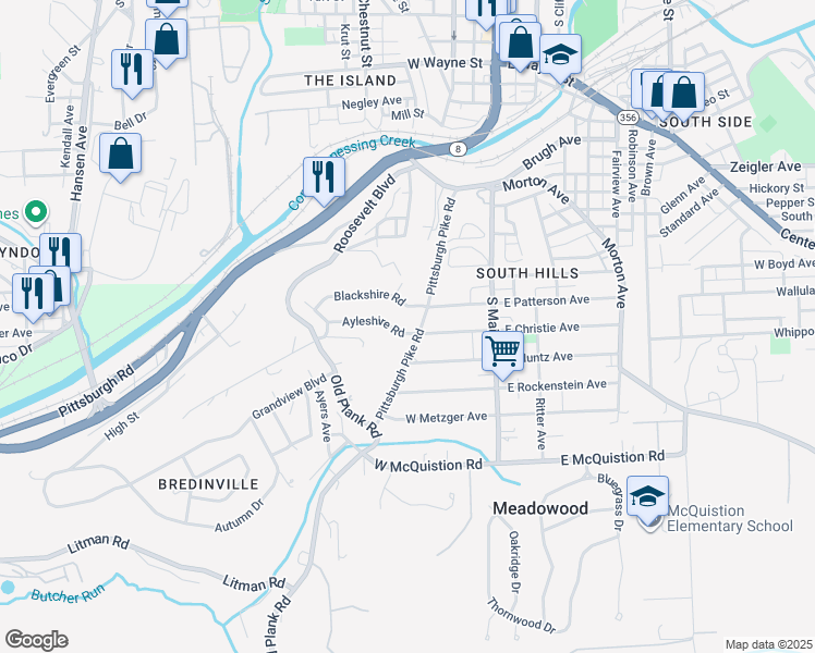 map of restaurants, bars, coffee shops, grocery stores, and more near 107 Blackshire Road in Butler