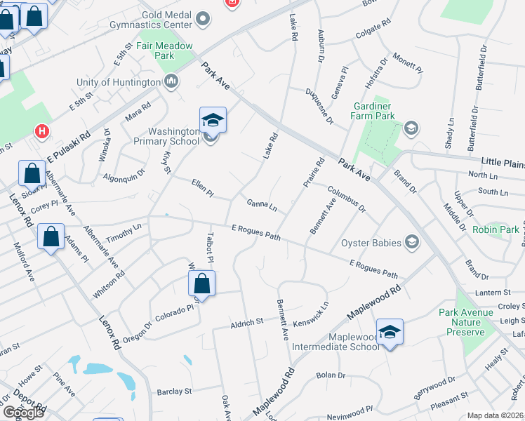 map of restaurants, bars, coffee shops, grocery stores, and more near 7 Ganna Lane in Huntington Station
