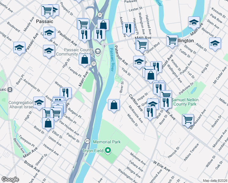 map of restaurants, bars, coffee shops, grocery stores, and more near 612 River Renaissance in East Rutherford