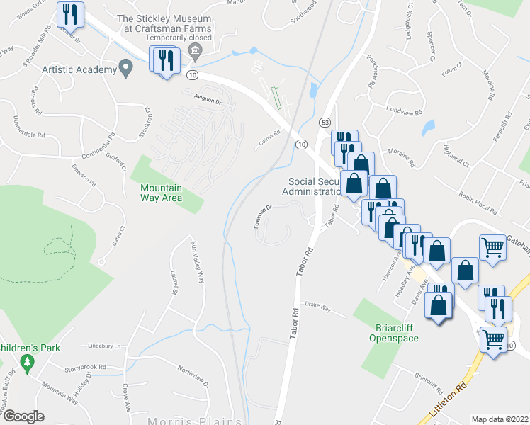 map of restaurants, bars, coffee shops, grocery stores, and more near 11 G Foxwood Drive in Morris Plains