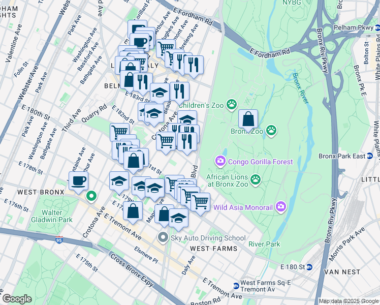 map of restaurants, bars, coffee shops, grocery stores, and more near 780 Garden Street in Bronx